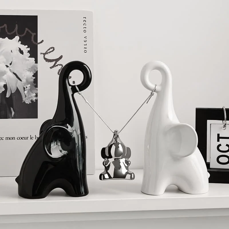 黑白大象三口之家陶瓷摆件 (3)