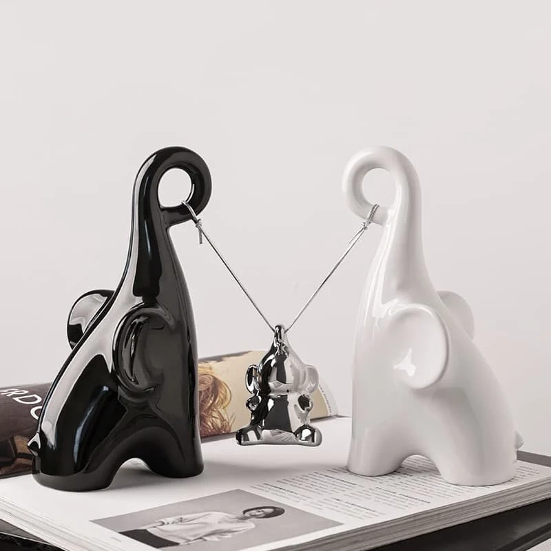黑白大象三口之家陶瓷摆件 (4)